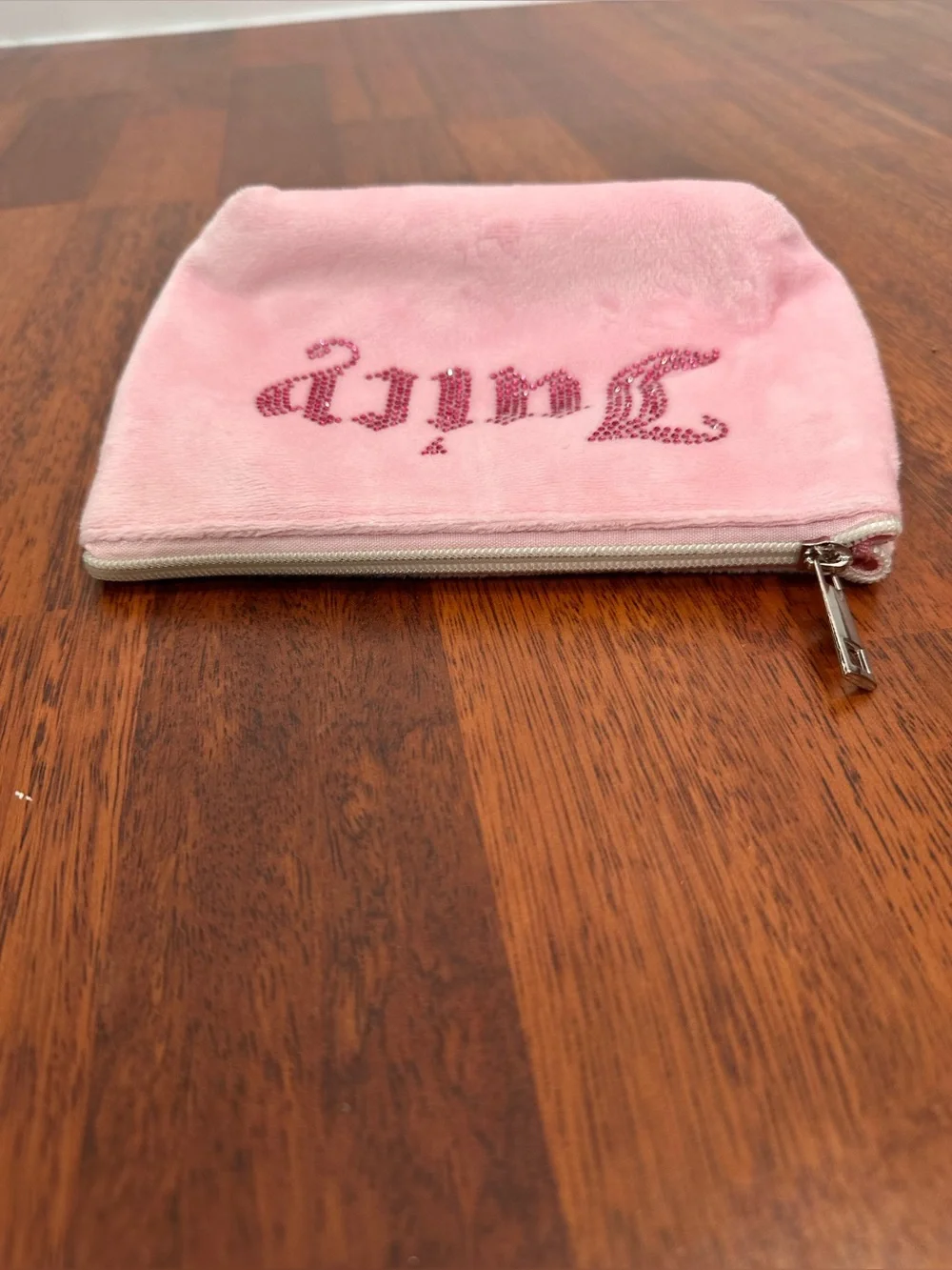 Juicy Couture Light Pink Plush Cosmetic Pouch with Rhinestone Logo